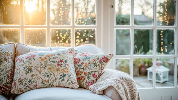 Colorful pillows on sofa against glass wall of window in a winter garden or conservatory. Interior textile concept. High quality photo