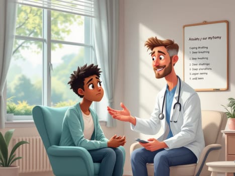 A doctor sits with a young patient, offering a listening ear and guidance on managing anxiety. A whiteboard lists deep breathing and other techniques. The scene is calm and reassuring.