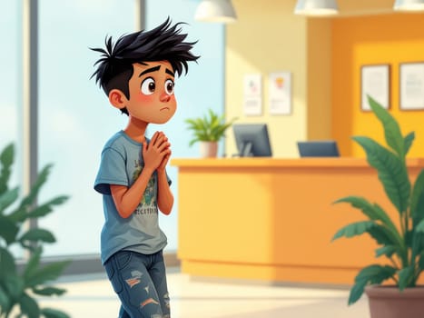 A digitally illustrated boy with dark hair waits patiently in a bright, modern reception area. He appears nervous or worried, his posture reflecting his apprehension.