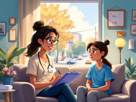 A young girl shares her concerns with a kind healthcare provider during a consultation. The setting is calming and welcoming, fostering trust and open communication.