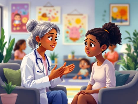 A kind doctor sits with a pregnant patient in a comfortable waiting room, offering support and medical guidance. The atmosphere is warm and inviting.