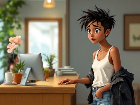 A stylized illustration of a young woman, looking pensive, leaning on a counter with a computer screen and plants nearby. She is dressed in casual attire, wearing a tank top and a denim skirt.