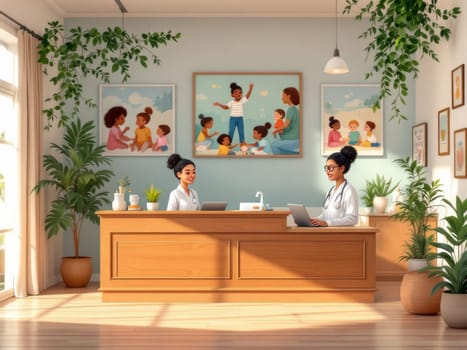 A cheerful pediatric clinic interior features smiling doctors at the reception desk. Sunlight streams in, illuminating plants and artwork of diverse children playing. A warm and inviting atmosphere.