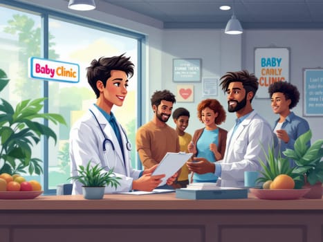 A diverse group of parents and children receive care in a bright, modern baby clinic. The doctor smiles warmly, creating a positive and comfortable atmosphere.