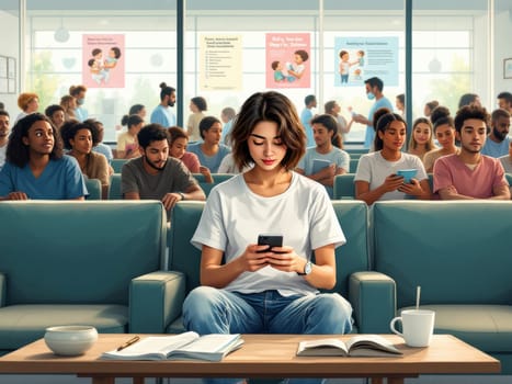 Individuals of varying ages and ethnicities sit patiently in a clean, modern waiting area. A young woman checks her phone while others read or wait.