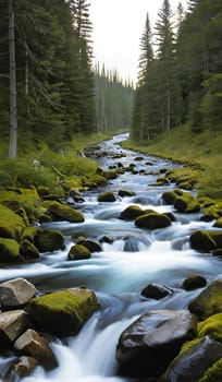 waterfall water stream river forest nature spring generated ai alt art. High quality illustration stones