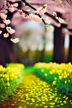 spring nature yellow flowers pink tree forest park generated alt. High quality illustration landscape background summer