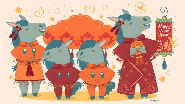 The Cartoon cute horses character set holding Red Packet - AI generated