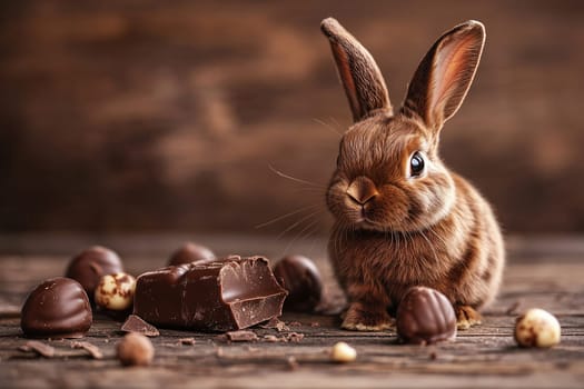 Little brown bunny sits next to chocolate pieces on brown background. Happy Easter.