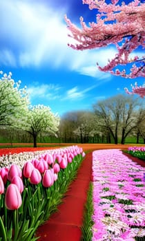 pink tulips blue sky flowers spring tree nature forest background landscape alt generated beauty postcard. High quality illustration garden