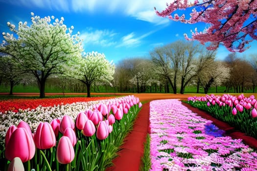 pink tulips blue sky flowers spring tree nature forest background landscape alt generated beauty postcard. High quality illustration garden