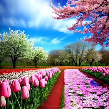 pink tulips blue sky flowers spring tree nature forest background landscape alt generated beauty postcard. High quality illustration garden