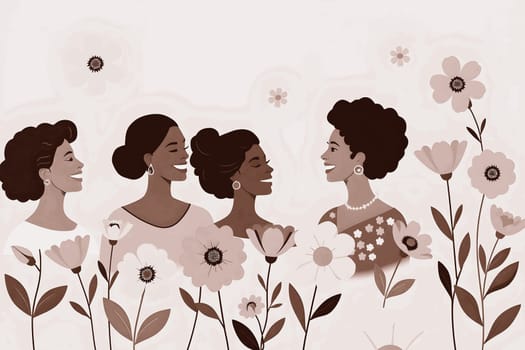 women flowers art illustration international women's day march 8, girlfriends sepia brown alt poster decor . High quality illustration