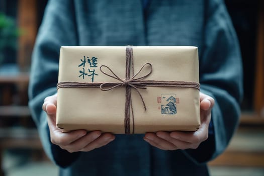 Gift box wrapped in craft paper with hieroglyphs in the hands of a man. Asian style gift