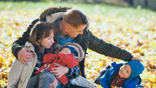 Parents holding their newborn baby and caressing their toddler in a park full of fallen leaves during a sunny autumn day