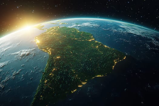 A realistic Earth with South America and the Amazon rainforest, emphasizing its scale on the planet. Highly detailed image of South America