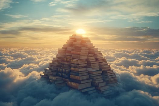 Mountain of books rising above clouds in the light of the setting sun, concept of knowledge
