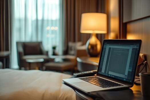 A laptop stands on a table next to a bed in a hotel room. Business trip concept.