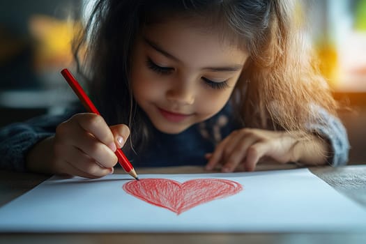 A little girl draws a heart with a red pencil on a white sheet of paper.