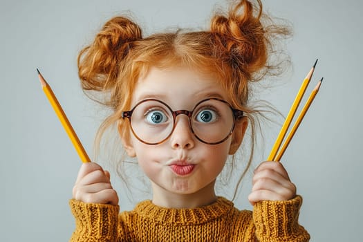 Cute little red-haired girl of primary school age in glasses holds simple pencils and pouts. Imagination and creativity in school concept.