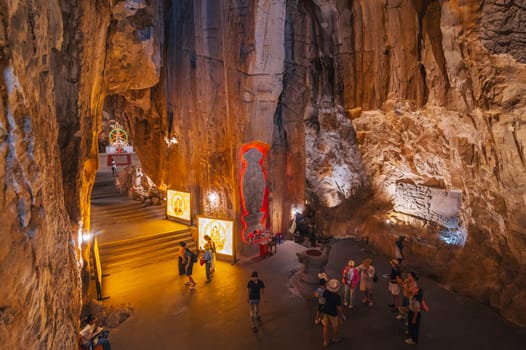 inside the Asian sacred temple in the Am Phu Cave in the Marble Mountains in Da Nang in Vietnam in Asia. DA NANG, Vietnam - September 12, 2024.