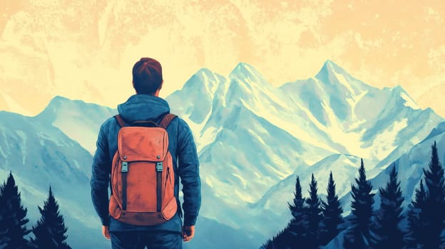 Traveler with backpack looking at majestic mountain landscape in abstract artistic style