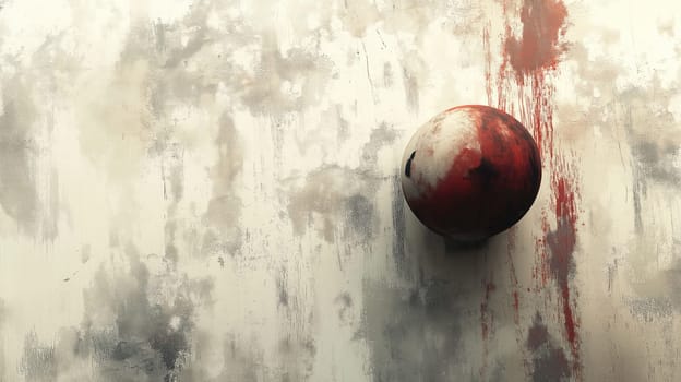 Abstract red and white painted sphere on a textured grunge wall background