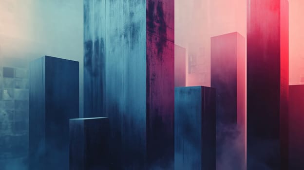 Futuristic abstract geometric cityscape with tall blocks in blue and pink gradient fog