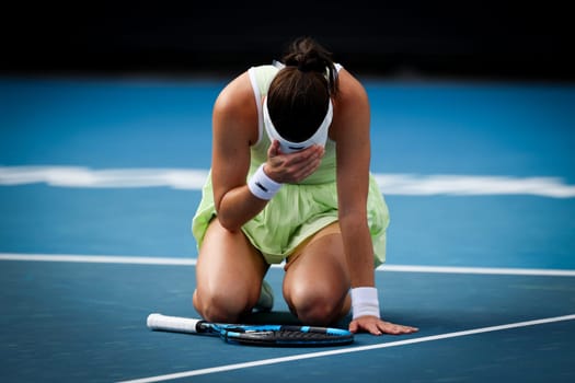 MELBOURNE, AUSTRALIA - JANUARY 09: Kimberly Birrell of Australia celebrates beating Oksana Selekhmeteva of Russia in final qualifying for the 2025 Australian Open at Melbourne Park on January 9, 2025 in Melbourne, Australia.