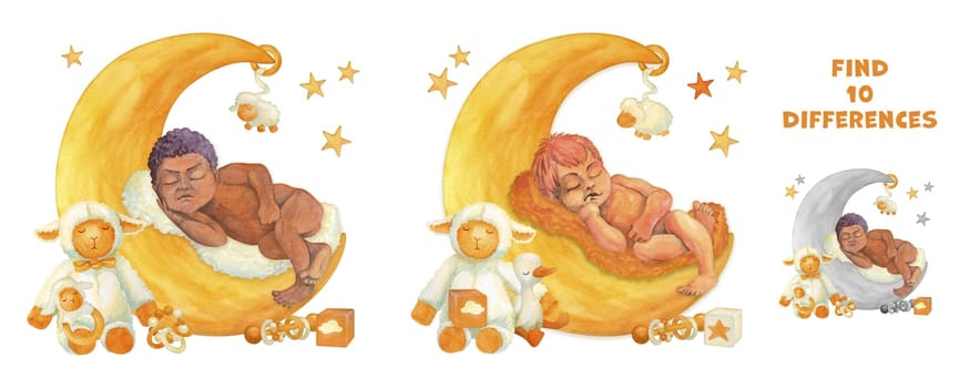 Find the differences puzzle game. Babies sleeping on the moon. Watercolor composition of sweet naked infant and soft toys. Hand drawn Educational game for kids. Attention task for school readiness