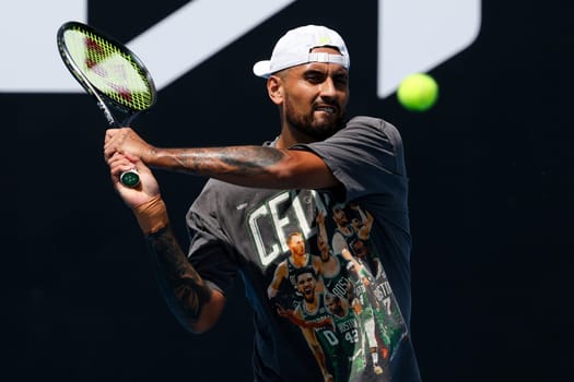 MELBOURNE, AUSTRALIA - JANUARY 09: Nick Kyrgios of Australia practices ahead of the 2025 Australian Open at Melbourne Park on January 9, 2025 in Melbourne, Australia.