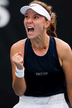 MELBOURNE, AUSTRALIA - JANUARY 09: Oksana Selekhmeteva of Russia reacts whilst playing Kimberly Birrell of Australia in final qualifying for the 2025 Australian Open at Melbourne Park on January 9, 2025 in Melbourne, Australia.