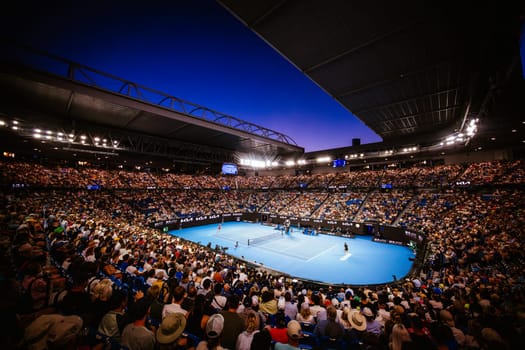 MELBOURNE, AUSTRALIA - JANUARY 12: Australian Open Rod Laver Arena atmosphere at dusk as Alexander Zverev of Germany plays Lucas Pouille of France on day 1 of the 2025 Australian Open at Melbourne Park on January 12, 2025 in Melbourne, Australia.