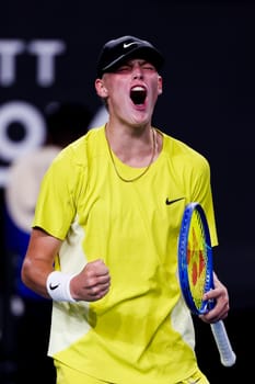 MELBOURNE, AUSTRALIA - JANUARY 18: Cruz Hewitt of Australia celebrates beating MooBeen Kim of South Korea in Junior Boy's Singles on day seven of the 2025 Australian Open at Melbourne Park on January 18, 2025 in Melbourne, Australia.