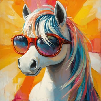 Children's toy pony with a colored mane and tail and sunglasses.