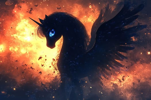Dark silhouette of a winged unicorn pony with glowing eyes against a background of flames.