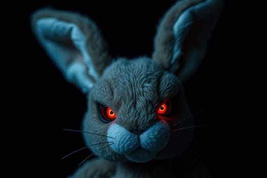 Ominous toy rabbit with red eyes on a black background