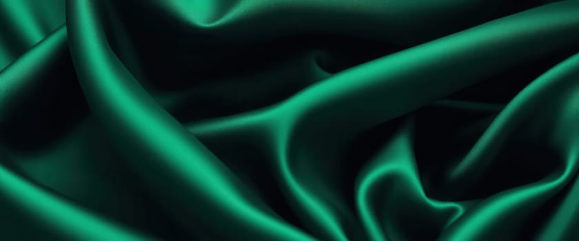 Close-up of green satin fabric, wide background