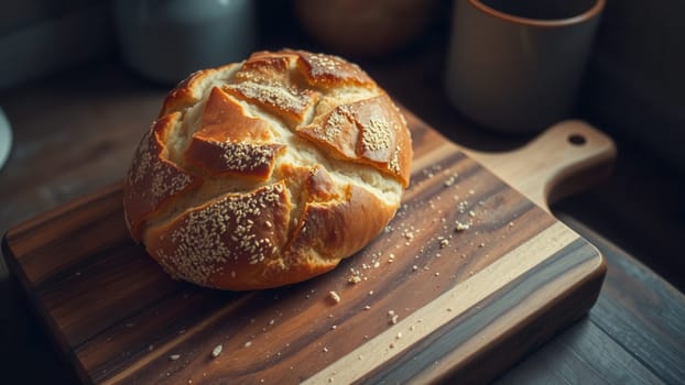 Freshly baked bread with sesame seeds on a wooden cutting board