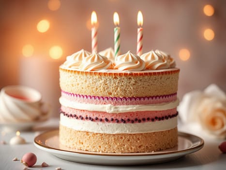 Birthday cake with three candles on a light-colored background, close-up