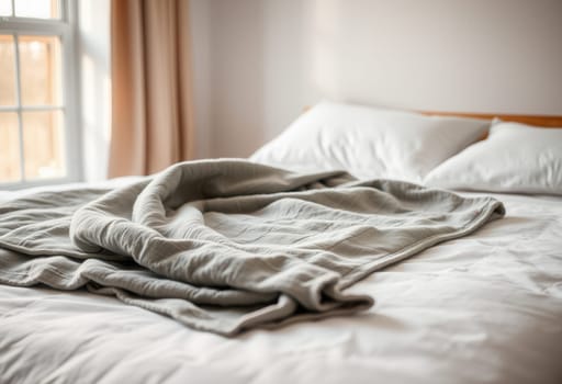 A gray blanket on a white bedspread, daylight from the window