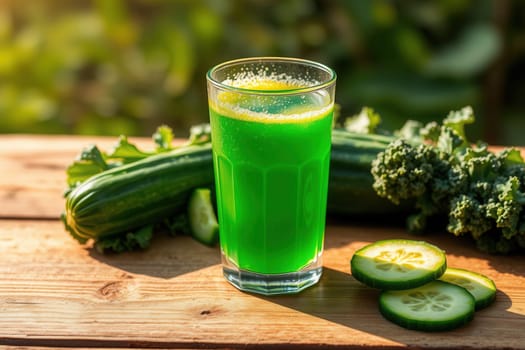 Fresh vegetable juice in a glass on a wooden table in the garden