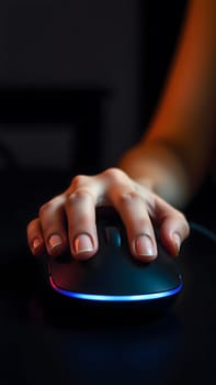 Close up of woman's hand using a computer mouse on dark background