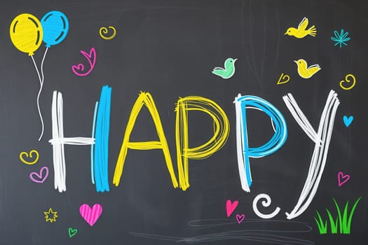 The word Happy on a chalkboard, hand-drawn with colored crayons