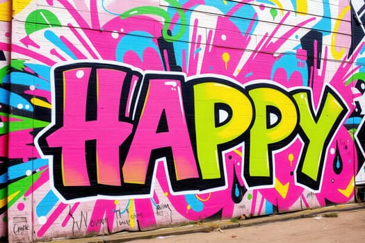 The word HAPPY in graffiti style on the wall