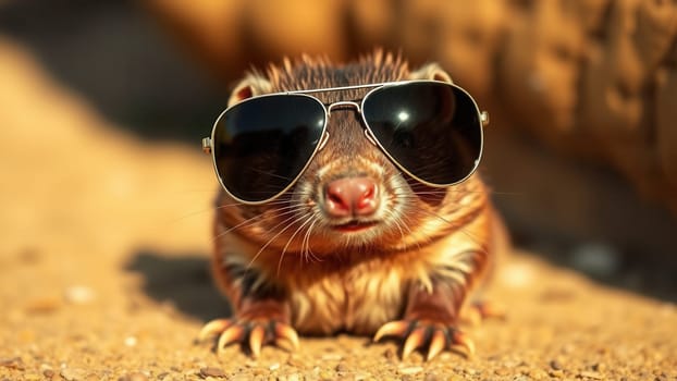 A portrait of a cute mole in sunglasses, close-up
