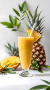 Pineapple smoothie in a glass with a straw on a white background