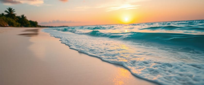 Panoramic view of beautiful sandy beach with turquoise sea water and blue sky at sunset