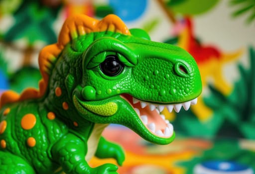 Close-up of a plastic green toy dinosaur on a blurred background