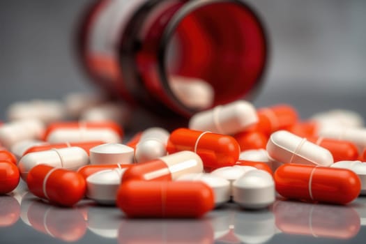 Scattered medical pills, capsules and an overturned vial